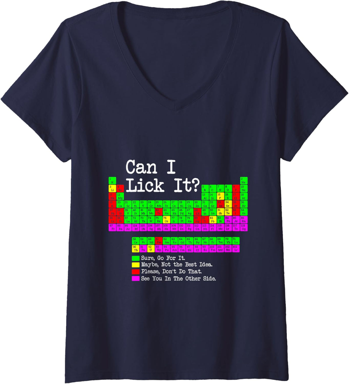 Women's Funny Can I Lick It Periodic Table Chart STEM Kids Teachers V-Neck T-Shirt - Navy Blue