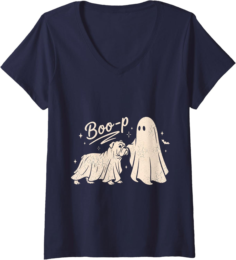 Women's Funny Spooky Season Bulldog Halloween Boo-P Ghost Dog V-Neck T-Shirt - Navy Blue