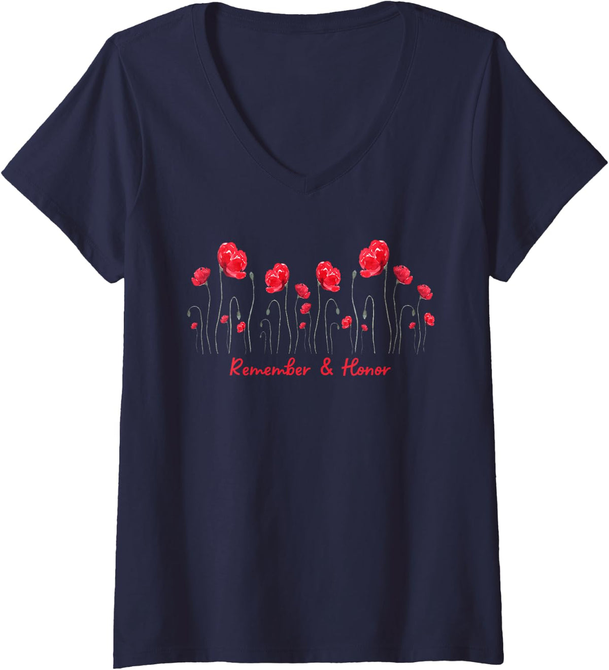 Women's Veterans Day 2026 USA Memorial Day Red Poppy Flower Military V-Neck T-Shirt - Navy Blue
