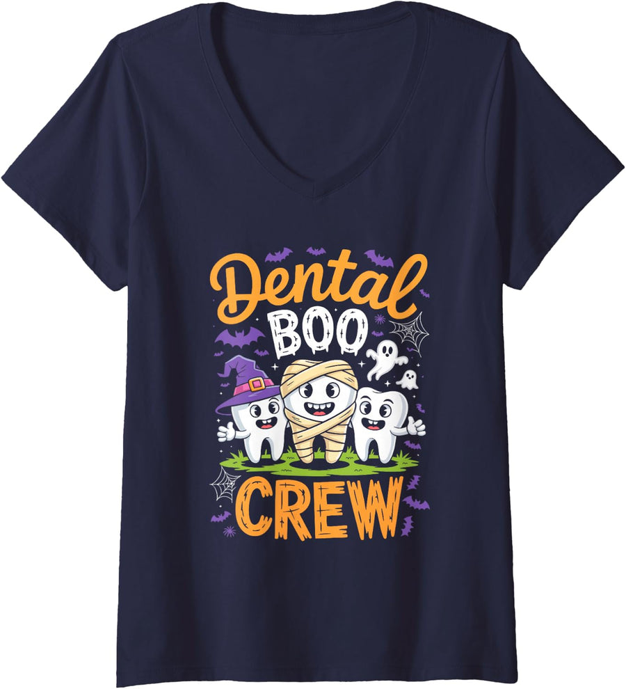 Women's Dental Boo Crew Shirt Funny Men Women Kids Halloween Costume V-Neck T-Shirt - Navy Blue