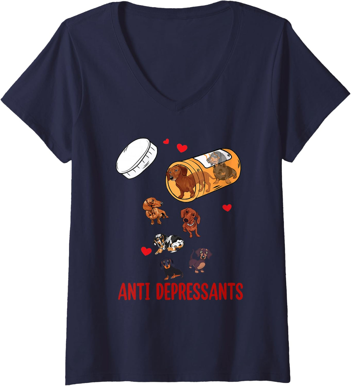 Women's Wiener Dog Sausage Puppy Lover Antidepressants Dachshund V-Neck T-Shirt - Navy Blue