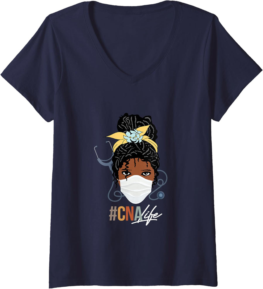 Women's Black Woman CNA Life Emergency Nurse Assitant First Aider V-Neck T-Shirt - Navy Blue