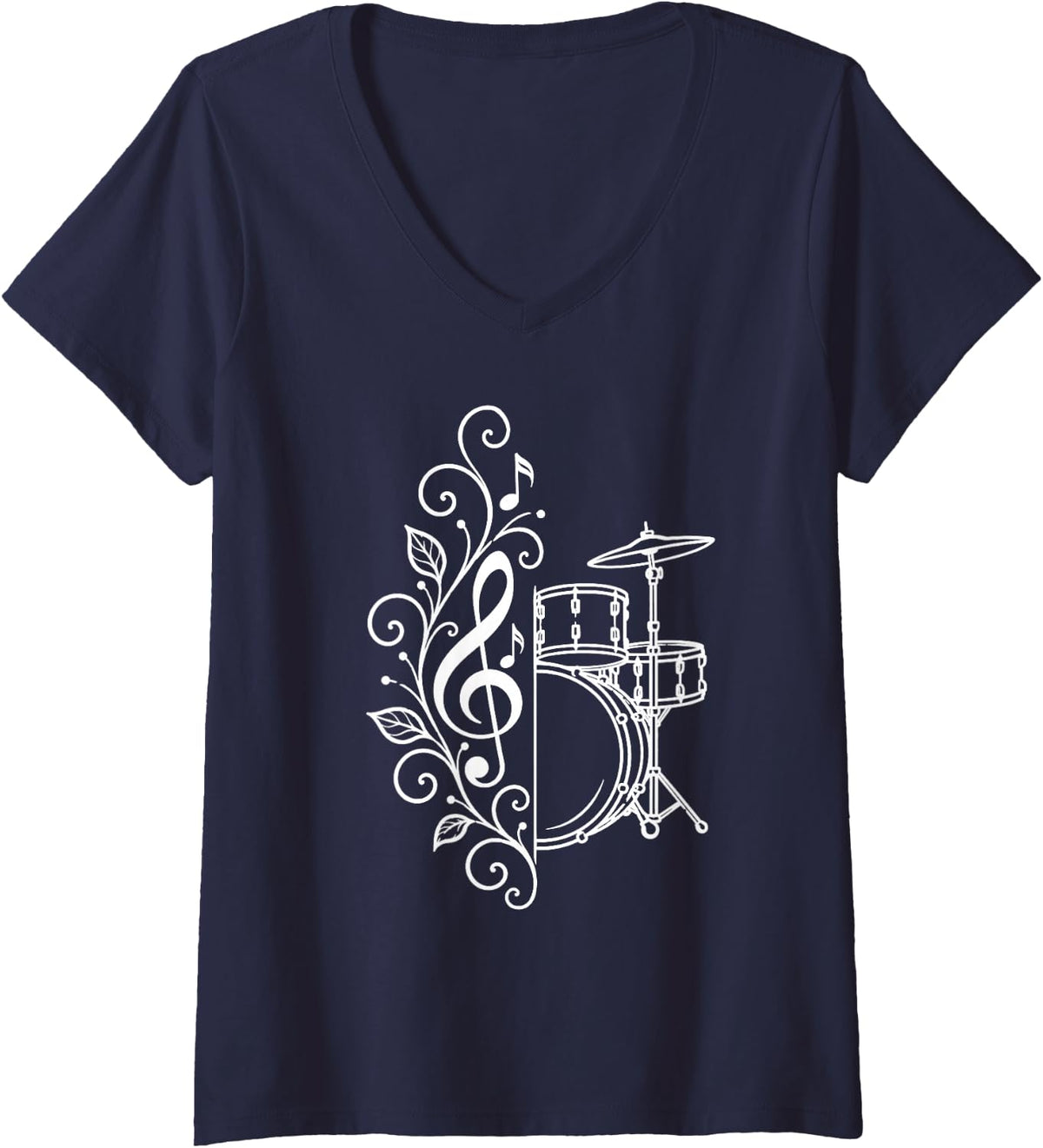 Women's Drummer Floral Drum Set White Clef Percussionist Musician V-Neck T-Shirt - Navy Blue