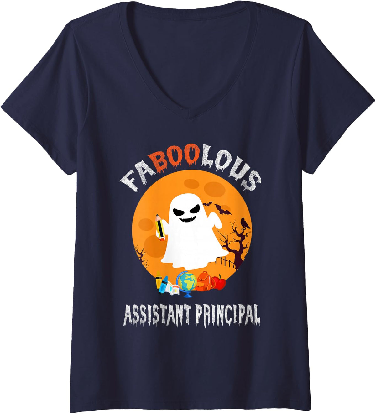 Women's Faboolous Assistant Principal Halloween Vintage Funny Ghost V-Neck T-Shirt - Navy Blue