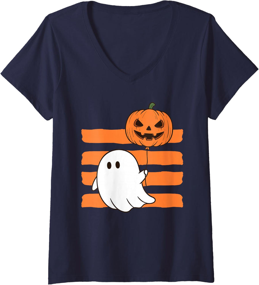 Women's Retro Striped Ghosts Spooky Season Pumpkin Balloon Fall V-Neck T-Shirt - Navy Blue