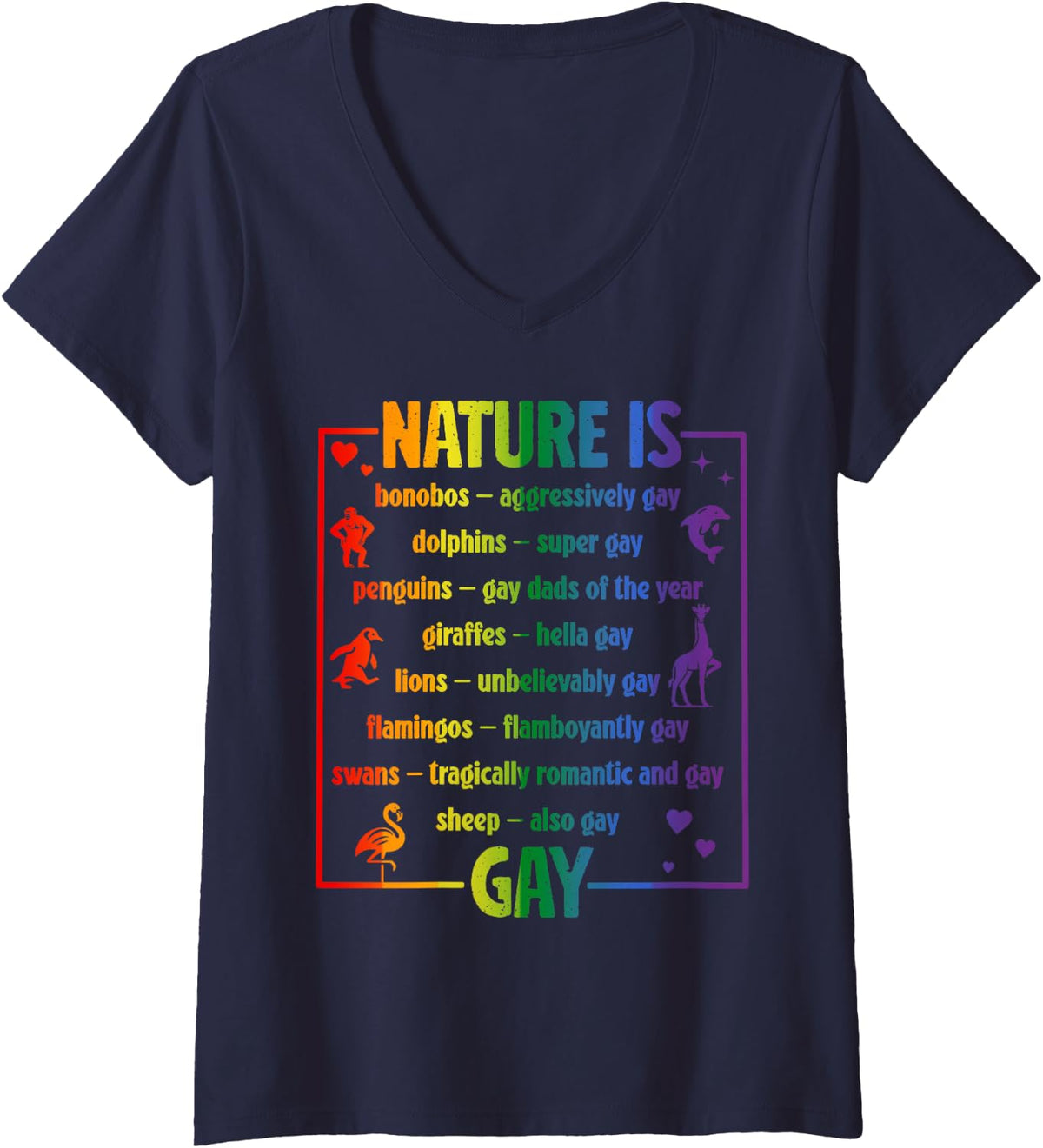 Women's Nature is Gay Funny LGBTQ Pride Month Animals Parade Queer V-Neck T-Shirt - Navy Blue