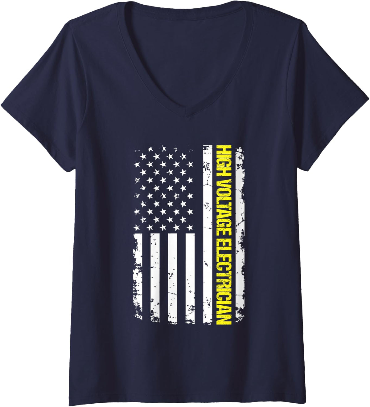 Women's High Voltage Electrician USA Flag V-Neck T-Shirt - Navy Blue