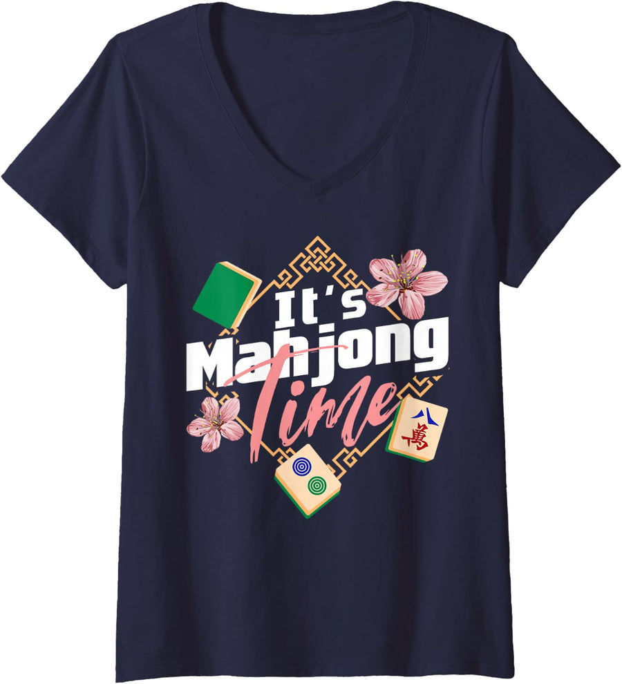 Women's Mahjong Chinese or Mahjong Player V-Neck T-Shirt - Navy Blue