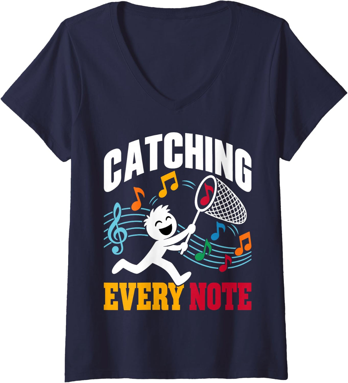 Women's Catching Every Note Music Lover Musician Musical Notes V-Neck T-Shirt - Navy Blue