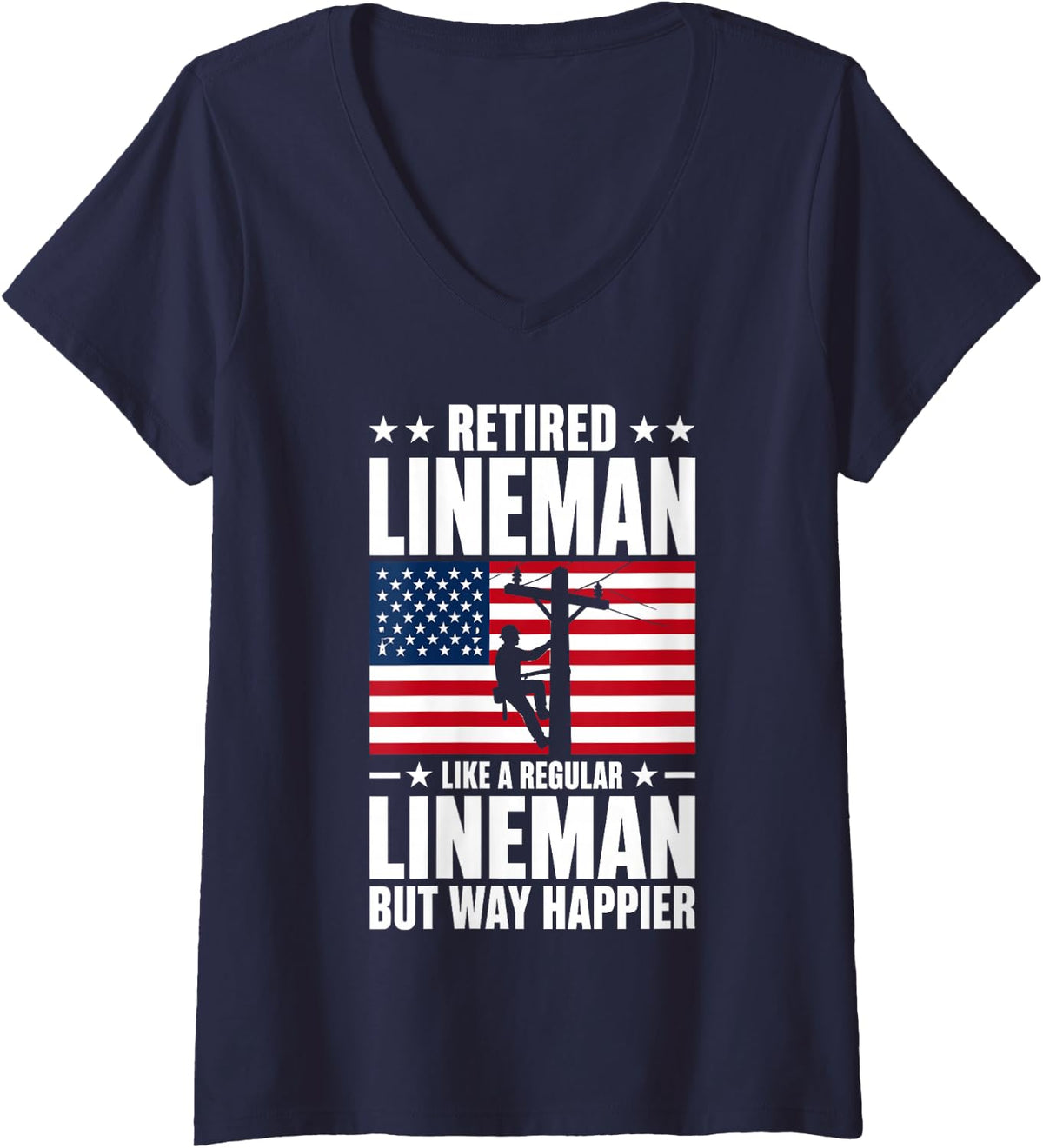 Women's Retired Lineman Art for Men Boys Dad Retiring Power Lineman V-Neck T-Shirt - Navy Blue