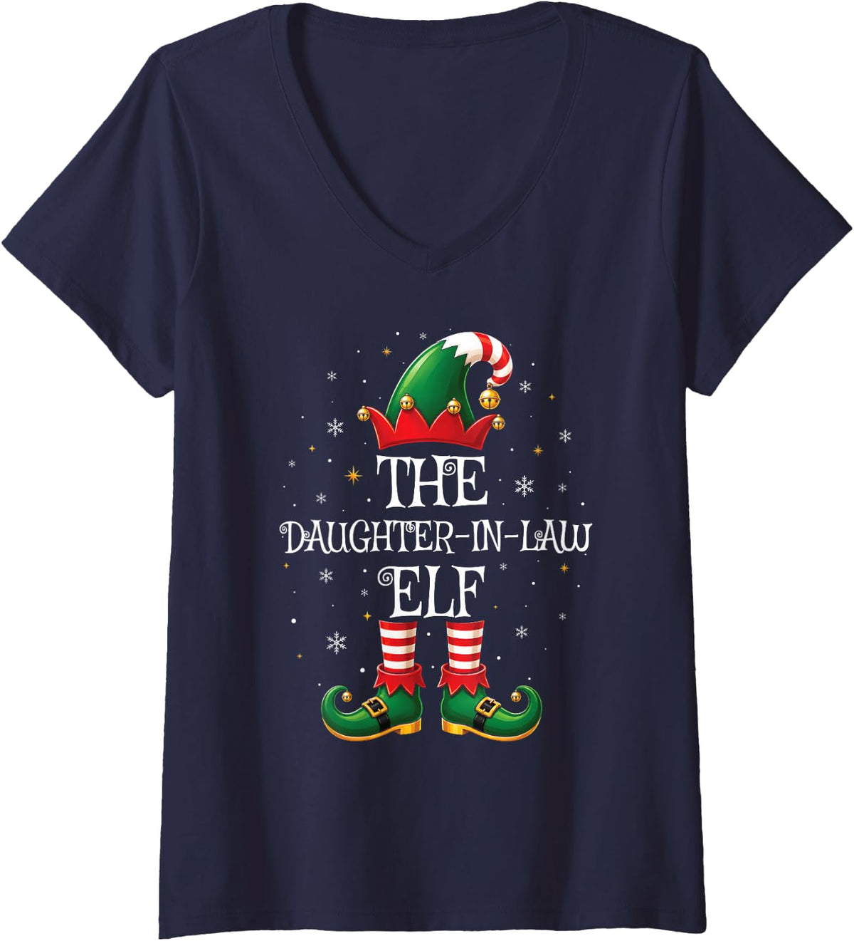 Women's Elf Group Matching Family Christmas Daughter-in-Law Elf Xmas V-Neck T-Shirt - Navy Blue