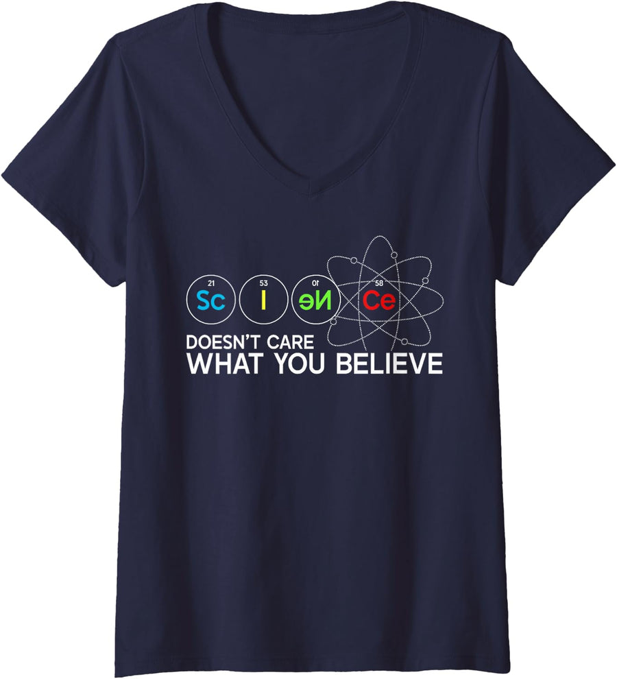Women's Science Doesn't Care What You Believe Scientist Physics V-Neck T-Shirt - Navy Blue