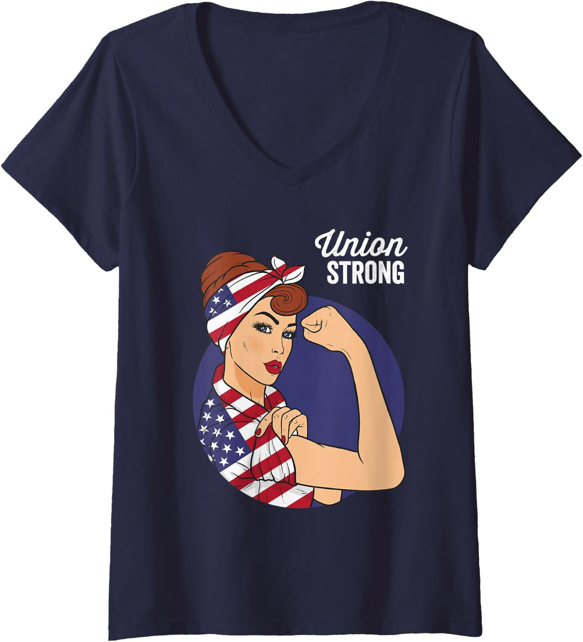 Womens Union Labor Day Shirts for Women Rosie the Riveter USA Flag V-Neck T-Shirt - Navy Blue