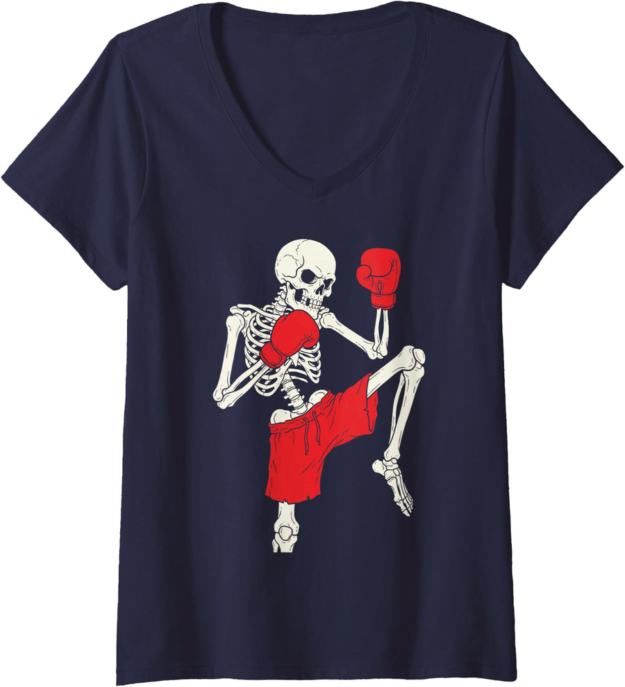 Women's Skeleton Muay Thai Thailand Fighter Martial Arts 8 Limbs Tee V-Neck T-Shirt - Navy Blue