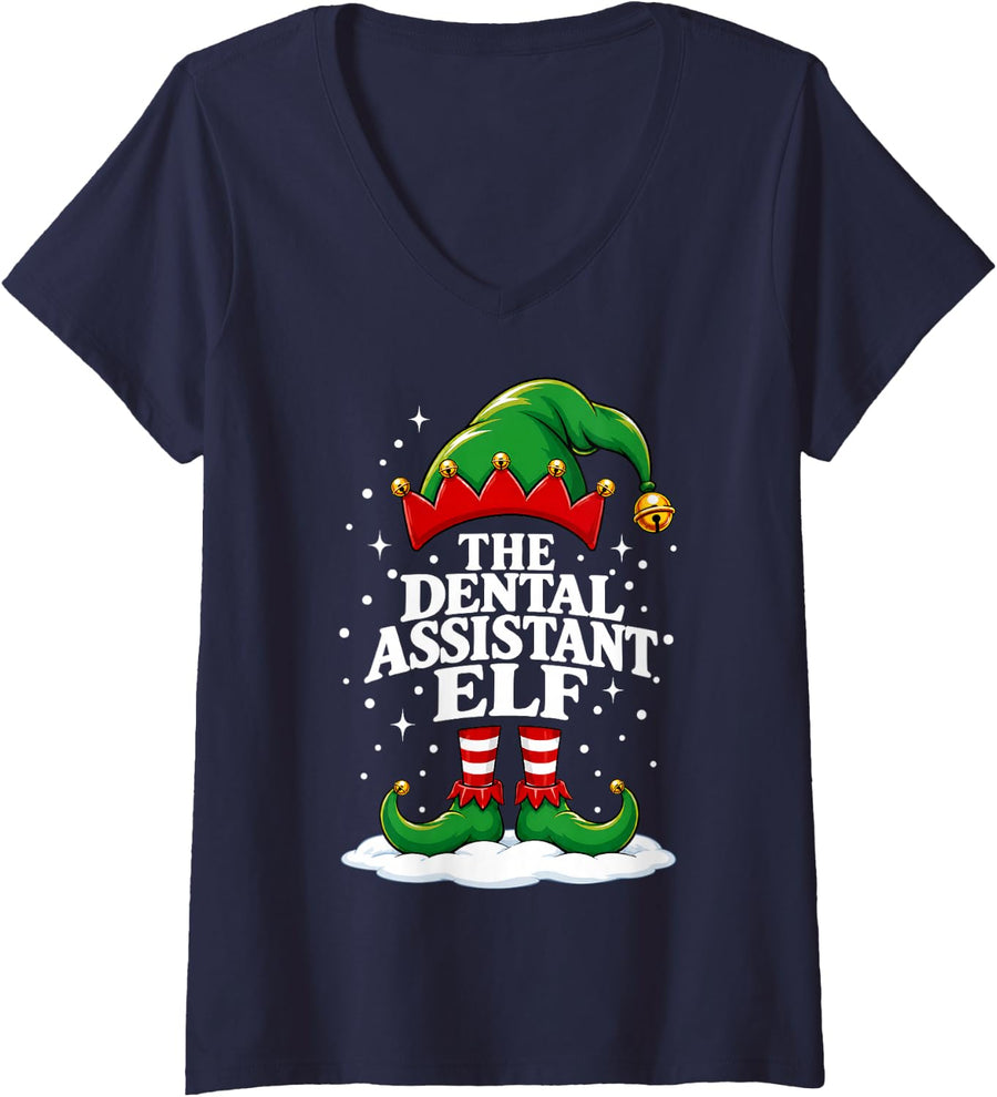 Women's Dental Assistant Elf Christmas Matching Family Group Xmas V-Neck T-Shirt - Navy Blue