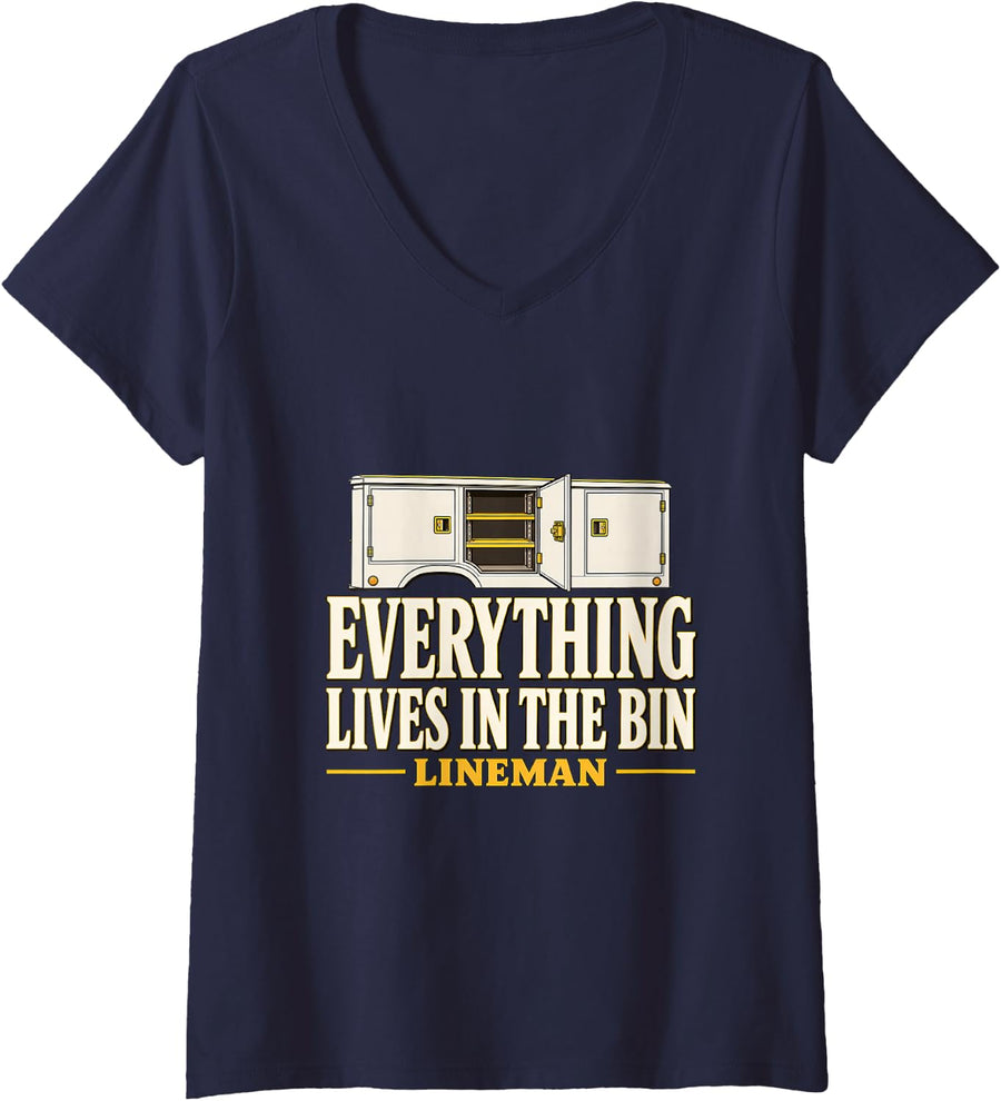 Women's Everything Lives in the Bin Lineman Service Truck Line Truck V-Neck T-Shirt - Navy Blue