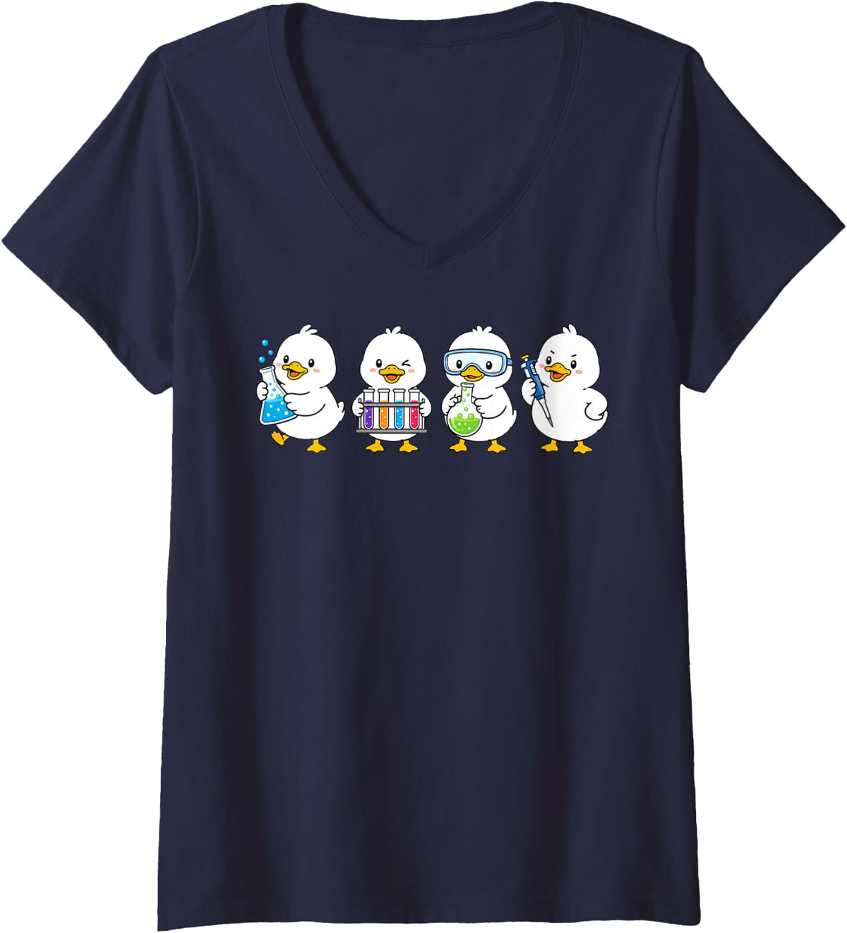 Women's Funny Science Ducks Chemistry Laboratory STEM Scientist V-Neck T-Shirt - Navy Blue