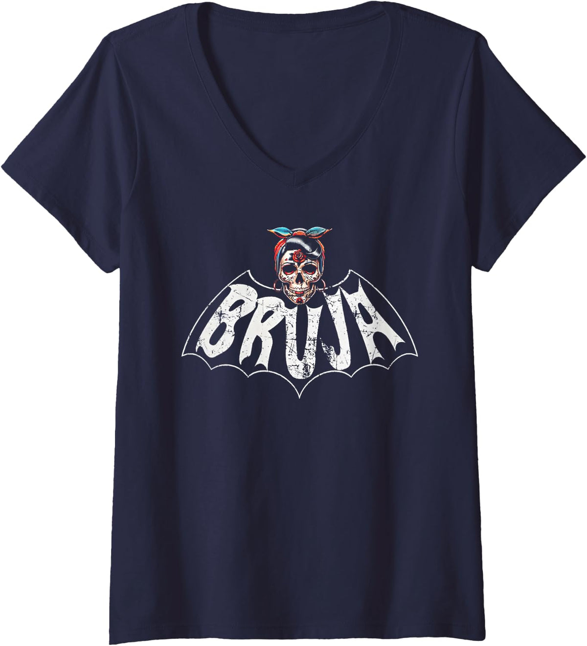 Womens Bruja Vintage Bat V-Neck T-Shirt - Navy Blue