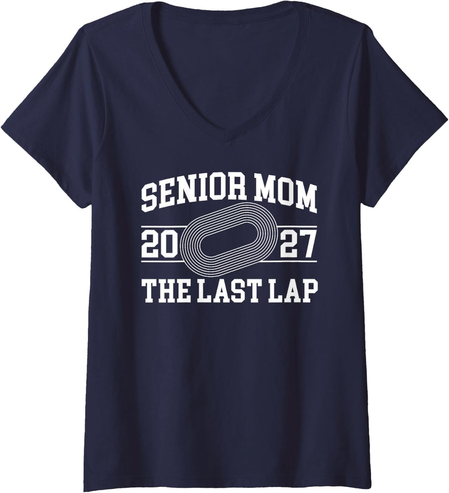 Women's Track and Field Senior Mom 2027 Last Lap Track Senior Mama V-Neck T-Shirt - Navy Blue