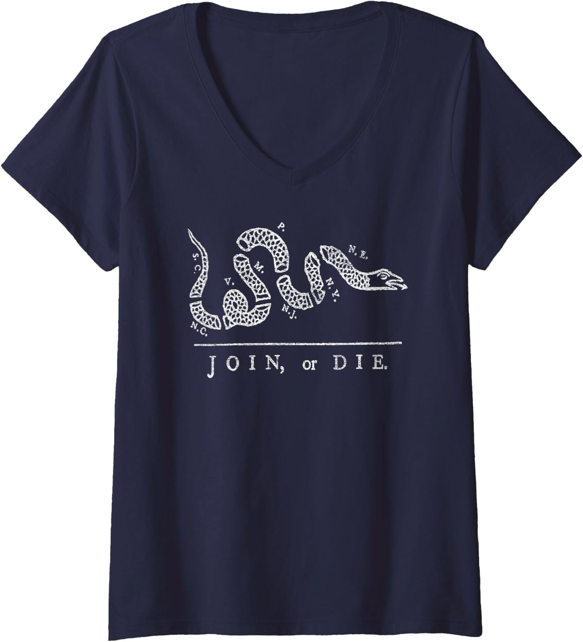 Womens JOIN OR DIE SNAKE FRANKLIN INDEPENDENCE GADSDEN 1776 FLAG V-Neck T-Shirt - Navy Blue