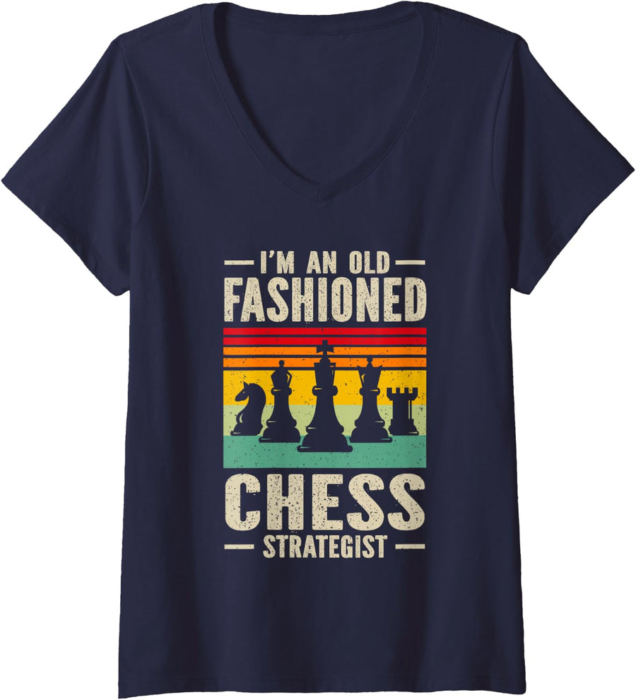 Women's Old Fashioned Chess Strategist Board Game Humor V-Neck T-Shirt - Navy Blue