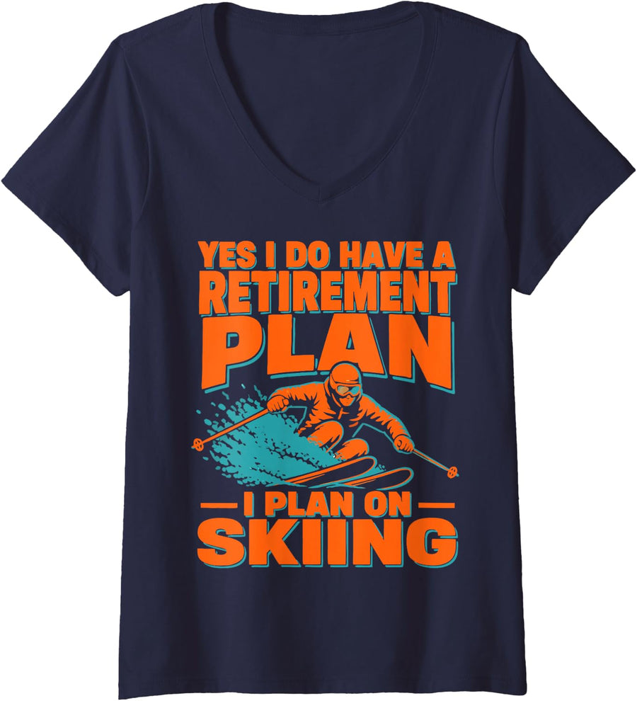 Women's Skiing Humor Winter Sports Skier V-Neck T-Shirt - Navy Blue