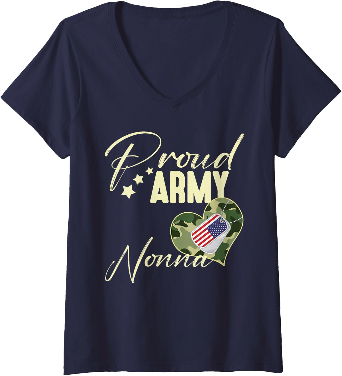 Womens Proud Army NONNA Camouflage Dog Tag USA American Flag V-Neck T-Shirt - Navy Blue