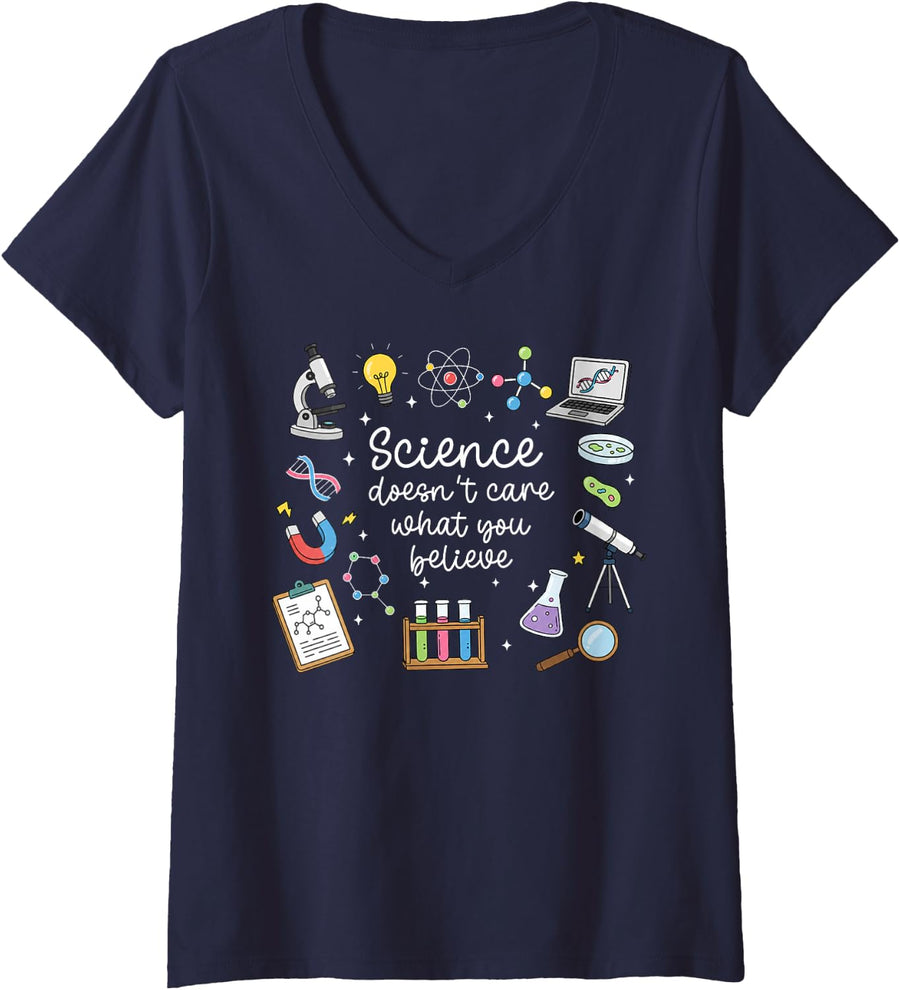 Women's Science Doesn't Care What You Believe Scientist Nerd Physics V-Neck T-Shirt - Navy Blue