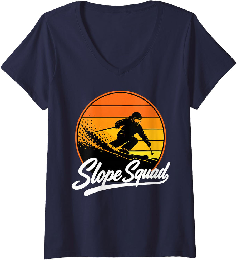 Women's Vintage Skiing Crew Winter Sports Skier V-Neck T-Shirt - Navy Blue