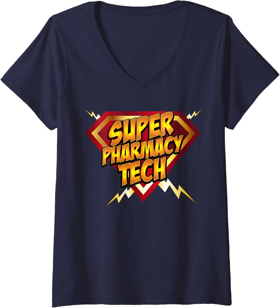 Women's Super Pharmacy Tech Funny Superhero V-Neck T-Shirt - Navy Blue
