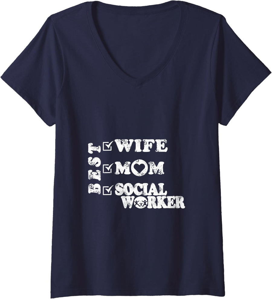 Women's Best Wife Mom Social Worker V-Neck T-Shirt - Navy Blue