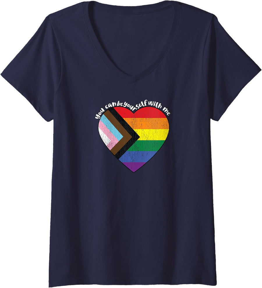 Women's Pride Safe Space Heart LGBTQ+ You Can Be Yourself With Me V-Neck T-Shirt - Navy Blue