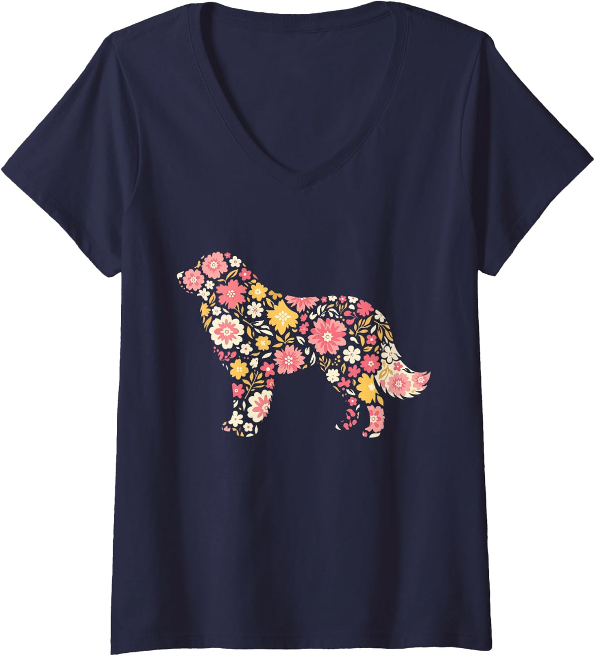 Women's Great Pyrenees Floral V-Neck T-Shirt - Navy Blue