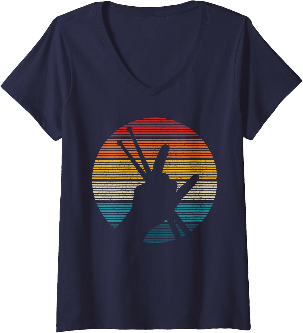 Womens Vintage Drummer Drum Sticks Rock & Roll Hand Horns Gift V-Neck T-Shirt - Navy Blue