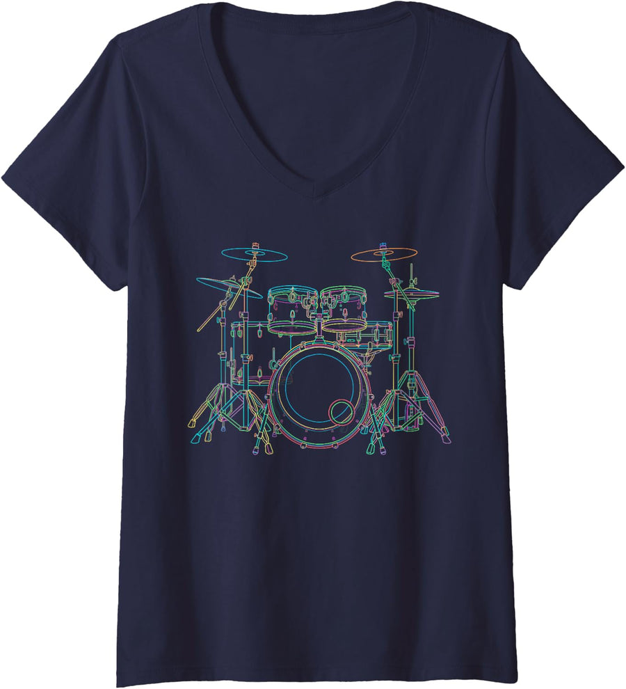 Women's Colorful Outline Drum Set Drummer Musician Rock Music Band V-Neck T-Shirt - Navy Blue