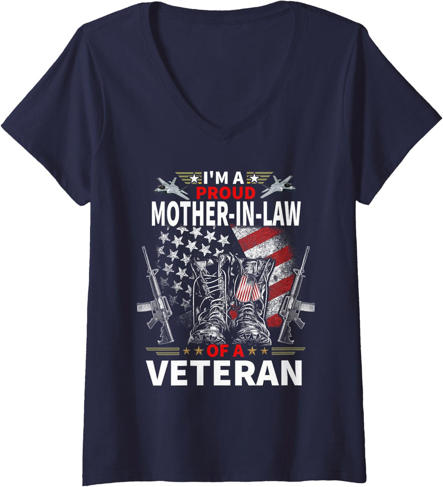 Women's I'm A Proud Mother-in-Law of A Veteran Veteran's Day Womens V-Neck T-Shirt - Navy Blue