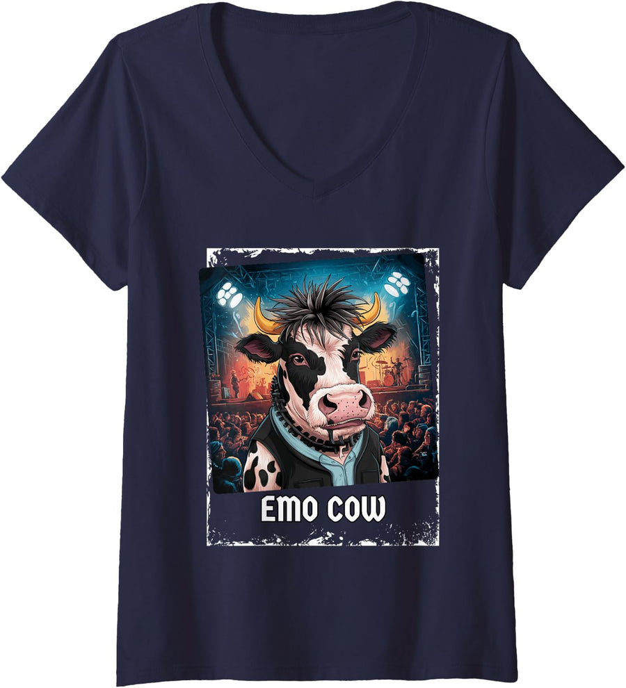 Women's Emo Cow Funny Goth Punk Music Lover V-Neck T-Shirt - Navy Blue