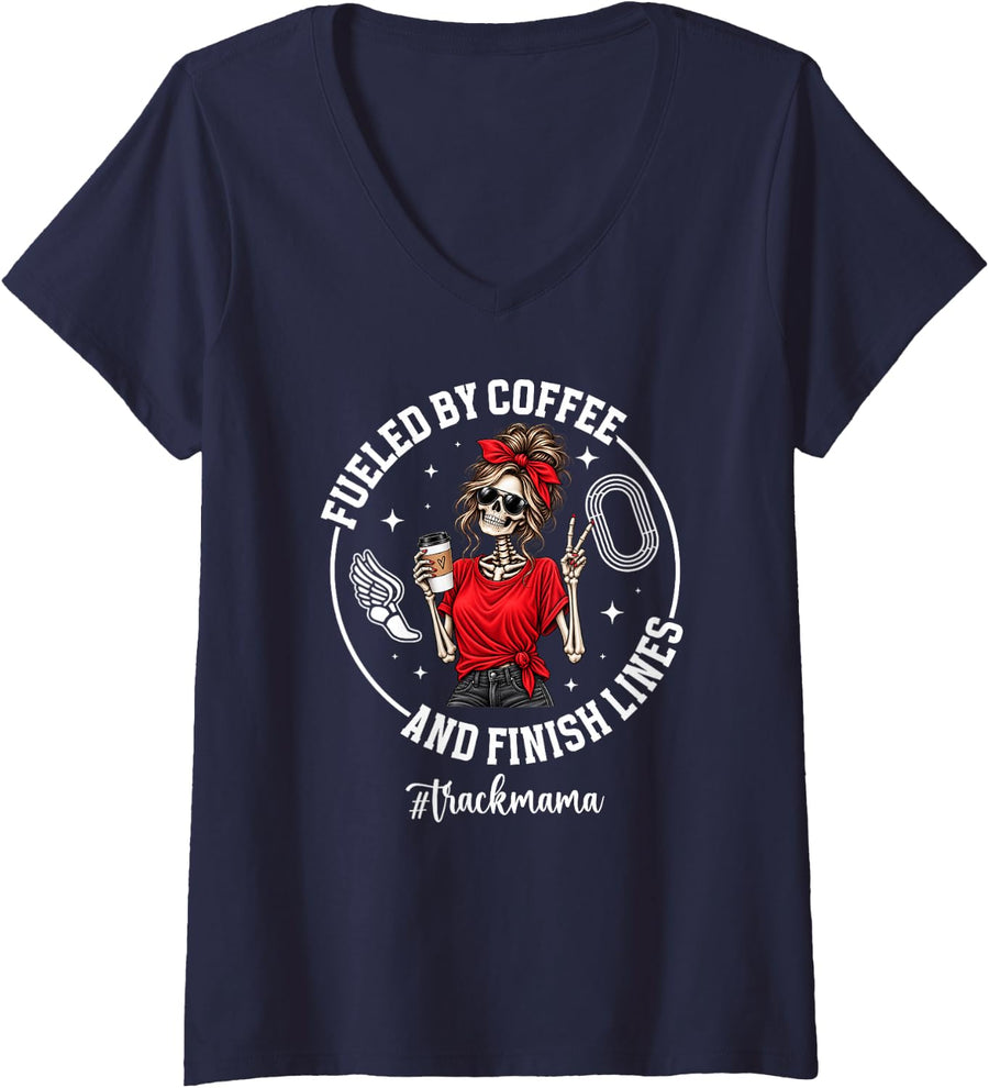 Women's Fueled By Coffee Track Mama Track and Field Mom Track Mother V-Neck T-Shirt - Navy Blue