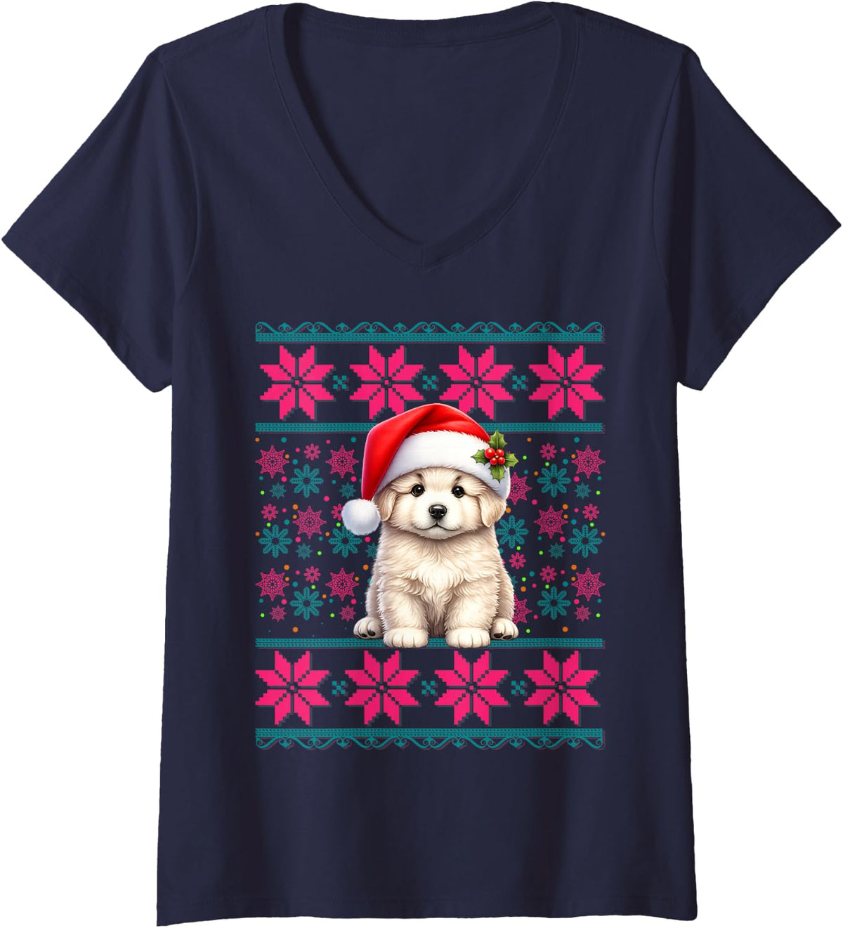 Women's Santa Ugly Christmas Pajama Women Girls Great Pyrenees Dog V-Neck T-Shirt - Navy Blue