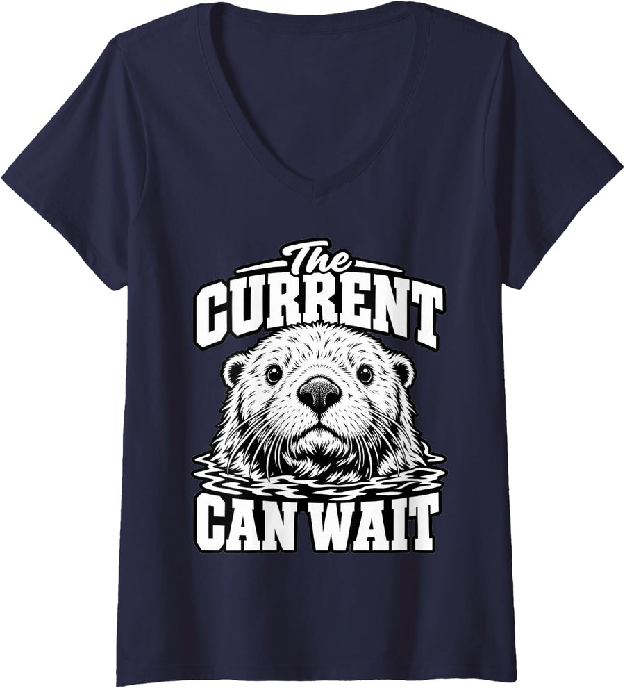 Women's Sea Otter The Current Can Wait Ocean Wildlife Lover Fans V-Neck T-Shirt - Navy Blue