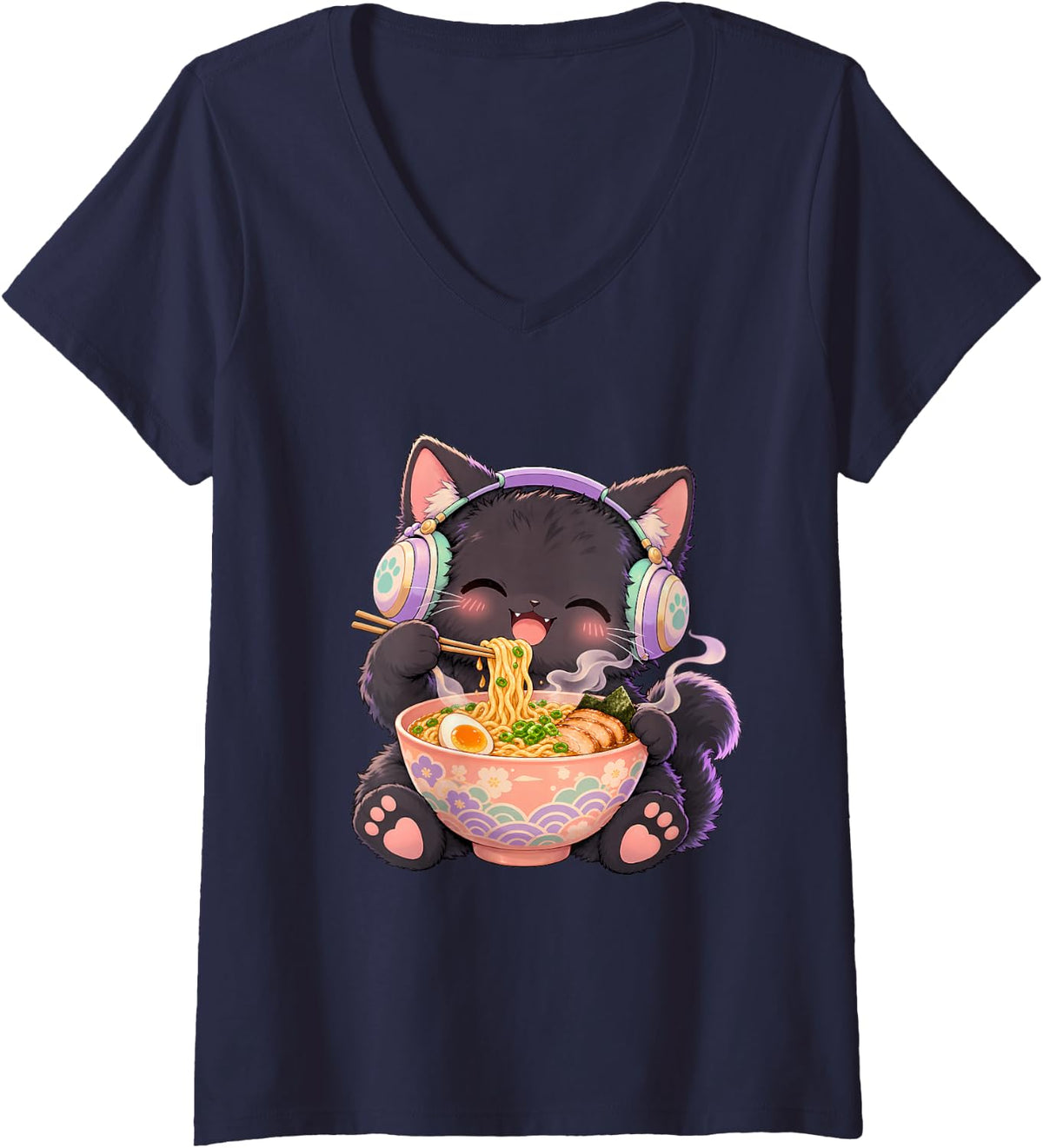 Women's Cute Kawaii Black Cat Eating Ramen Noodles Anime Art V-Neck T-Shirt - Navy Blue