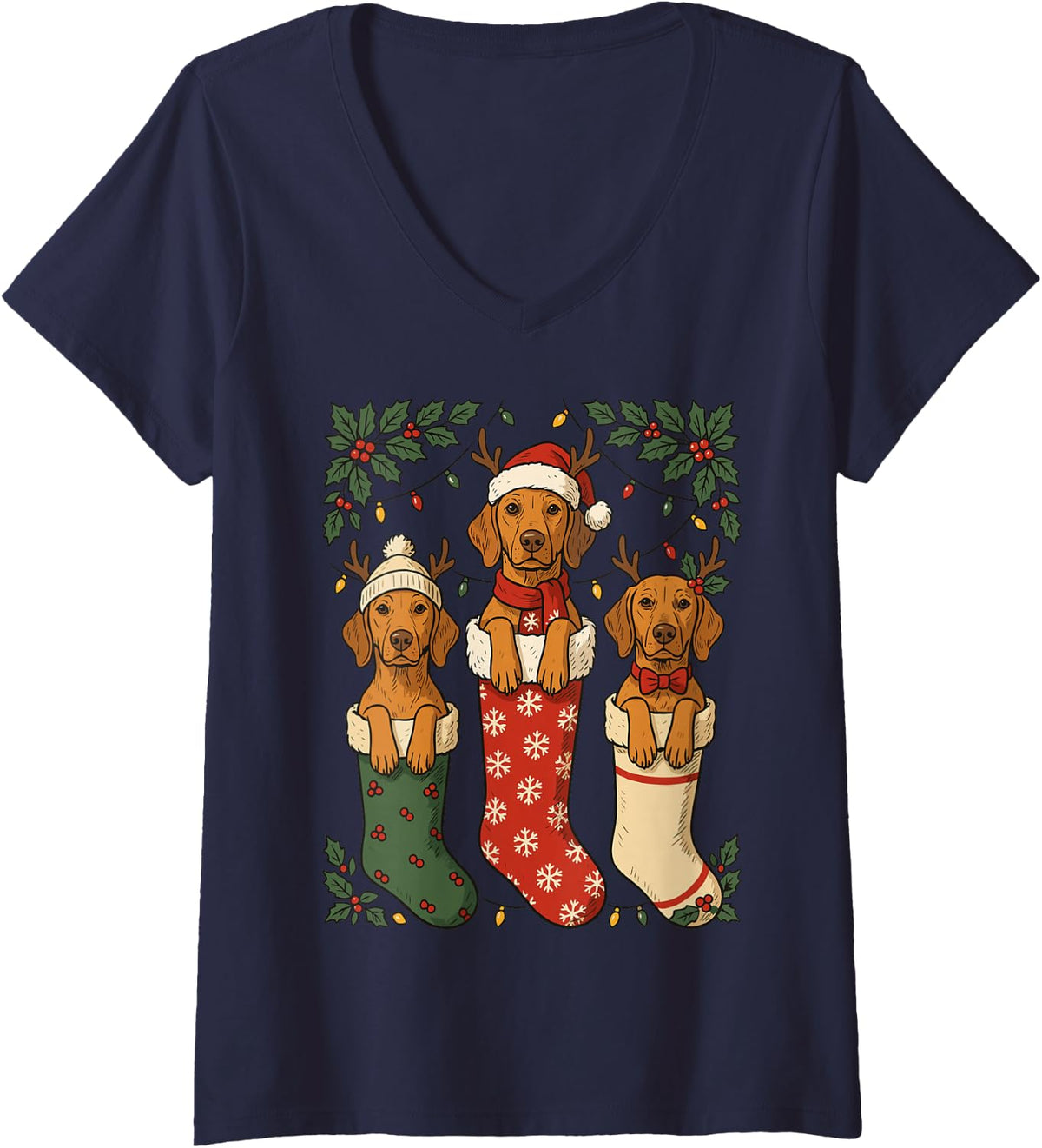 Women's Funny Vizsla Christmas Stocking Puppy Lover Mom Dad V-Neck T-Shirt - Navy Blue