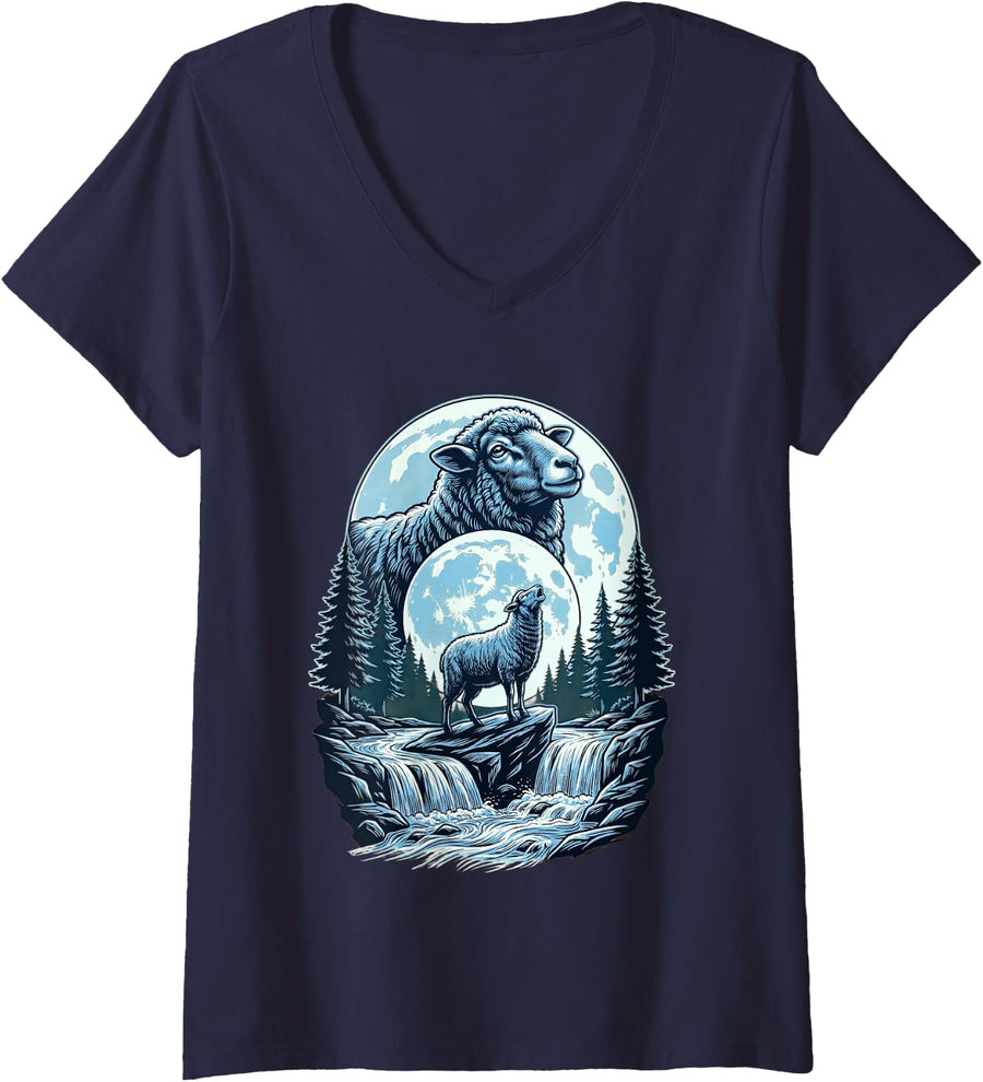 Women's Sheep Howling to The Moon Funny Meme Sheep Lover Men Women V-Neck T-Shirt - Navy Blue
