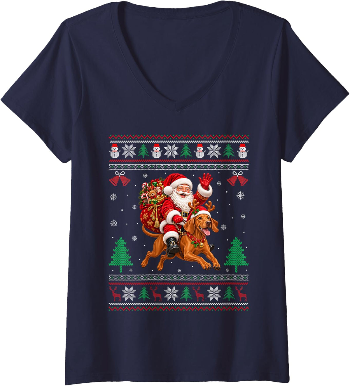 Women's Vizsla Dog Ugly Christmas Sweater Santa Riding Dog Xmas V-Neck T-Shirt - Navy Blue