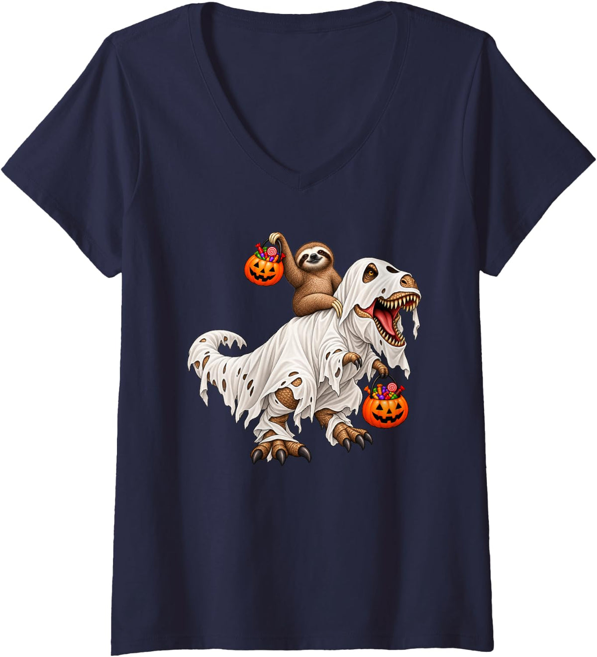 Women's Sloth Riding Ghost T-Rex Dinosaur Funny Halloween V-Neck T-Shirt - Navy Blue