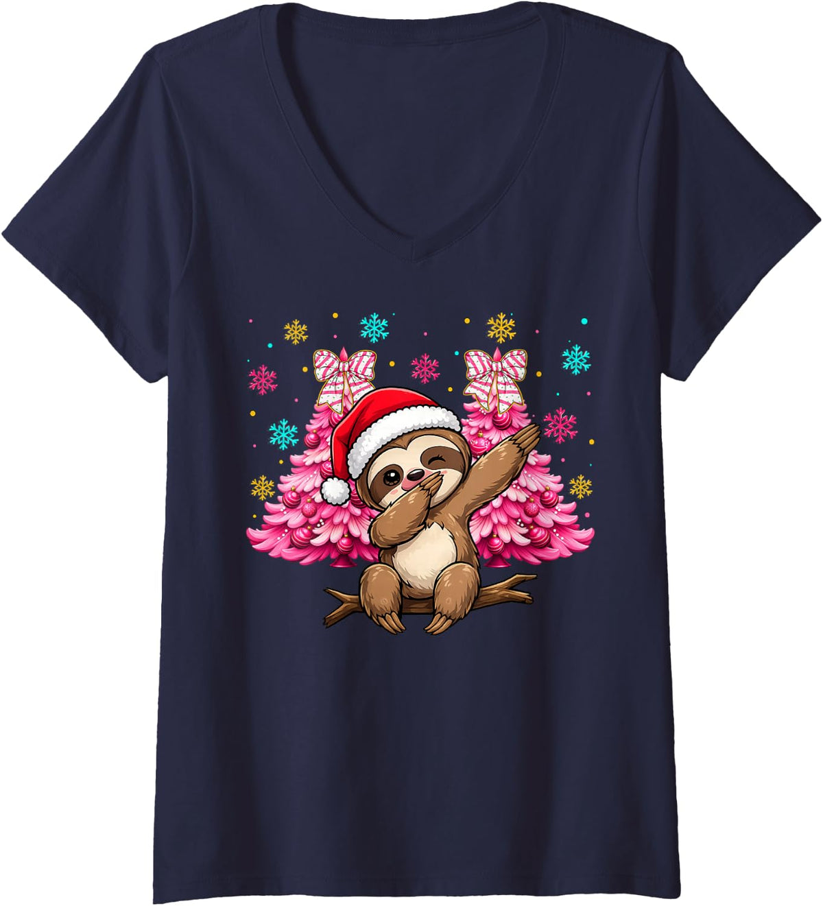 Women's Matching Christmas Sloth Lovers Kids Boys Girls Xmas Party V-Neck T-Shirt - Navy Blue