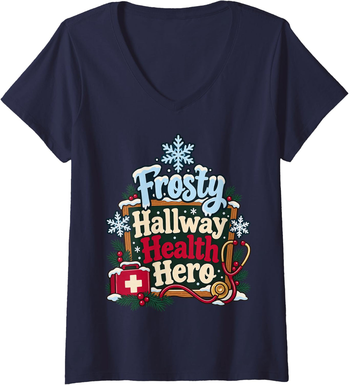 Women's School Nurse Winter Christmas Holiday Nursing Appreciation V-Neck T-Shirt - Navy Blue
