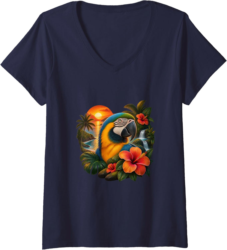 Women's Blue and Gold Macaw with Hibiscus Sunset V-Neck T-Shirt - Navy Blue