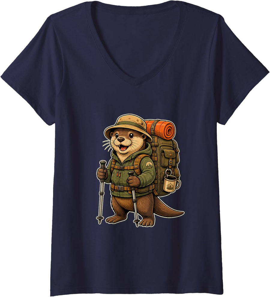 Women's Cute Hiking Otter Backpacking Adventure Animal V-Neck T-Shirt - Navy Blue