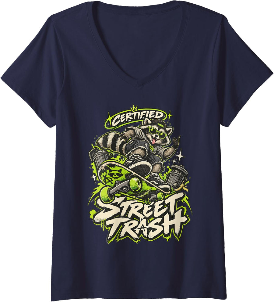 Women's Certified Street Trash Raccoon Skateboard Punk Humor V-Neck T-Shirt - Navy Blue